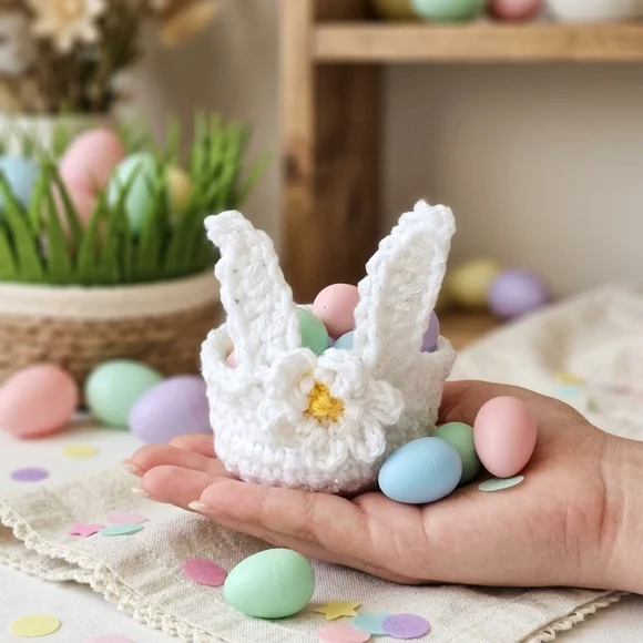 Handmade White Bunny Ear Basket for Kids - Picture 3 of 3